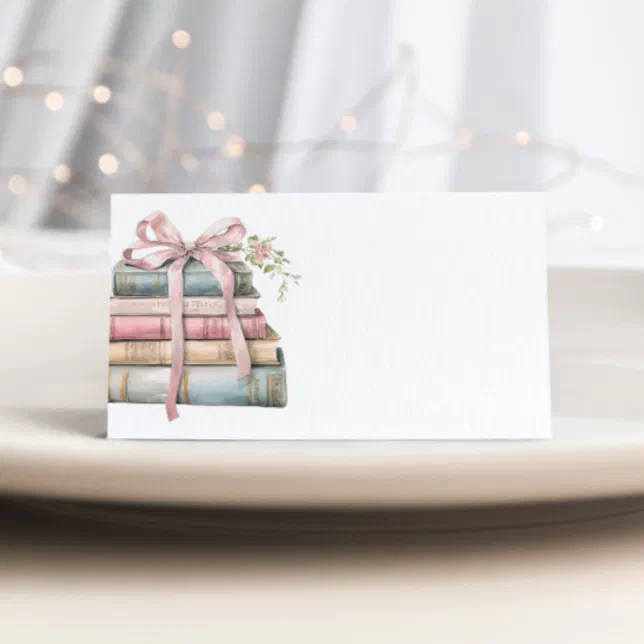 New Chapter Pink Bow Books Baby Shower place card | Zazzle
