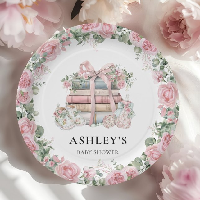 New Chapter Pink Bow Floral Baby Shower Paper Plates (Creator Uploaded)