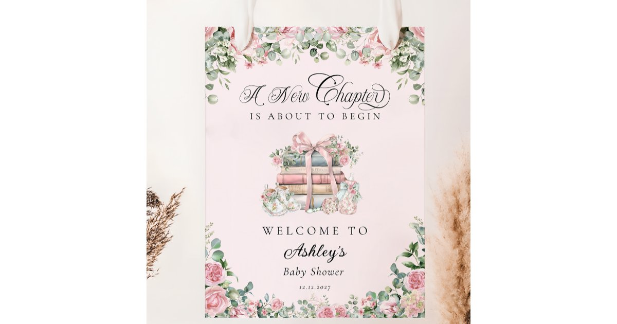 New Chapter Pink Bow Floral Baby Shower Welcome Poster | Zazzle