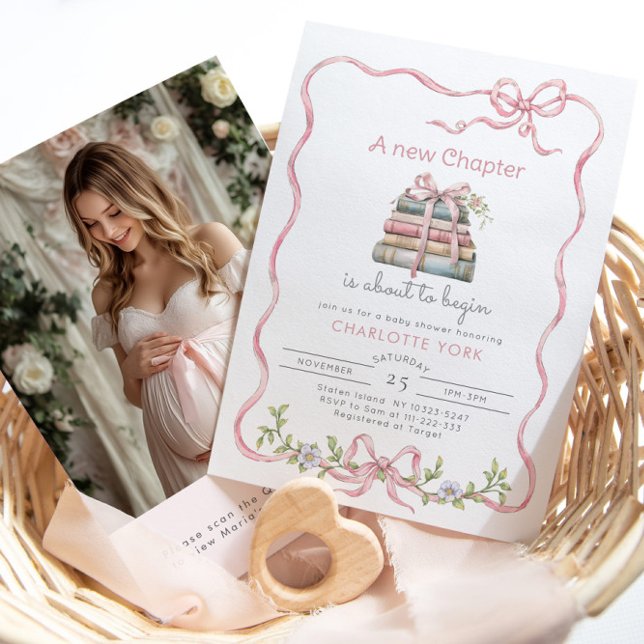 New Chapter Pink Bow photo QR code Baby Shower Invitation (Creator Uploaded)