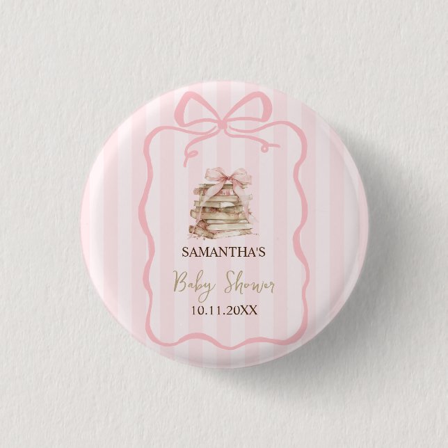 New Chapter Pink Bow Stripes Baby Shower Button (Front)
