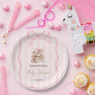 New Chapter Pink Bow Stripes Baby Shower Paper Plates
