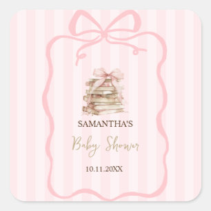 New Chapter Pink Bow Stripes Baby Shower Square Sticker