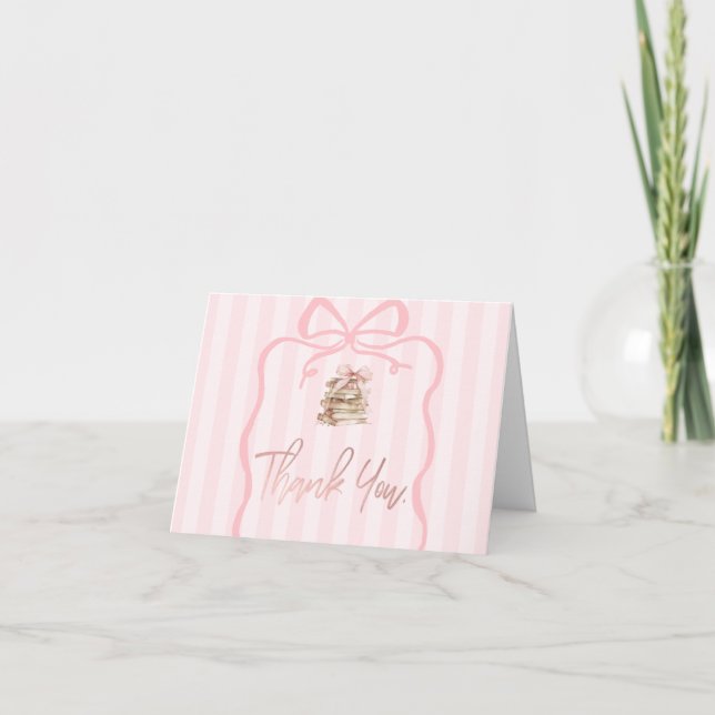New Chapter Pink Bow Stripes Baby Shower Thank You Card (Front)