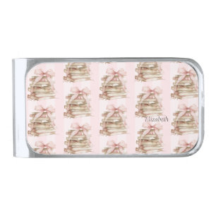 New Chapter Pink Bow Stripes Silver Finish Money Clip