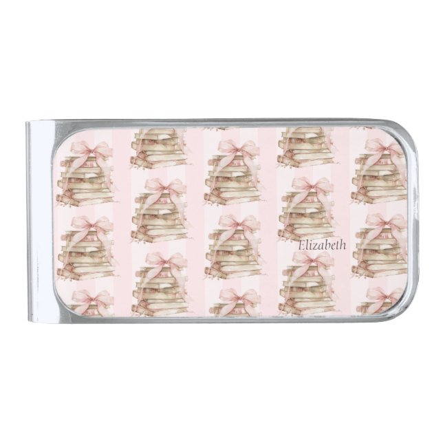 New Chapter Pink Bow Stripes Silver Finish Money Clip (Front)
