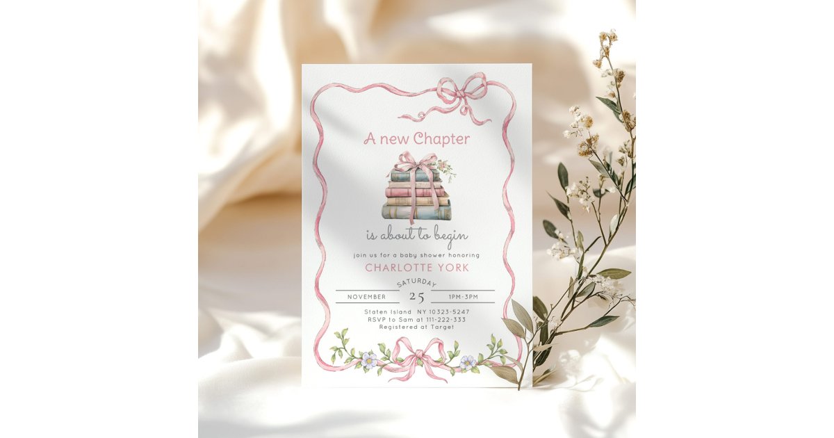 New Chapter Pink bow wildflower Baby Shower Invitation | Zazzle