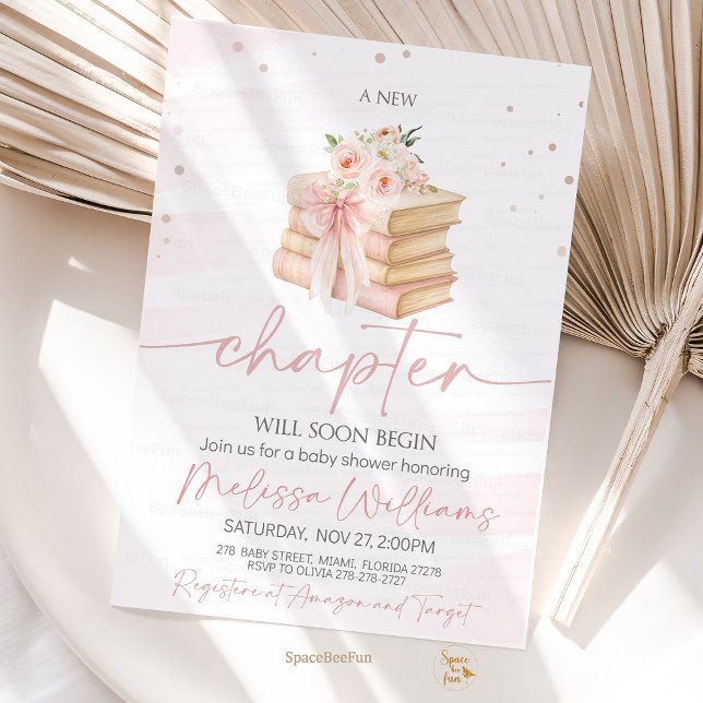New Chapter Pink bow wildflowers Baby Shower Invitation (Sweet and elegant baby shower invitation featuring a pink bow, wildflowers, and book stack — perfect)