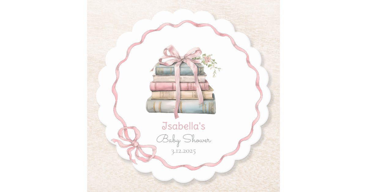 New Chapter pink ribbon Bow girl baby shower Paper Coaster | Zazzle