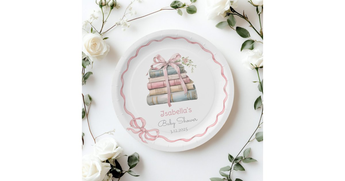 New Chapter pink ribbon Bow girl baby shower Paper Plates | Zazzle