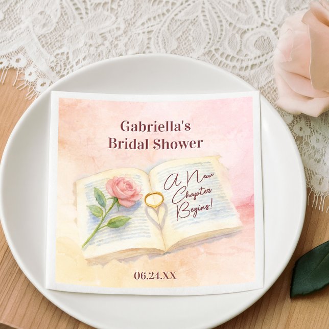 New Chapter Pink Rose Book & Ring Bridal Shower Napkins (Creator Uploaded)