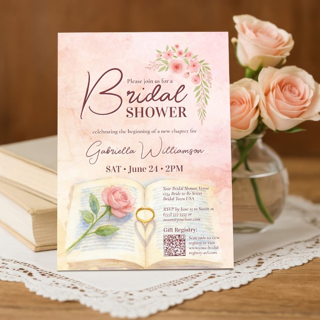 New Chapter Pink Rose & Ring Bridal Shower QR Code Invitation (Creator Uploaded)