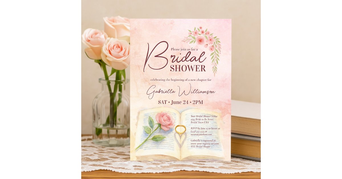 New Chapter Pink Rose & Ring Shadow Bridal Shower Invitation | Zazzle