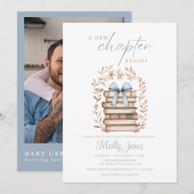 New Chapter Storybook Blue Baby Shower Photo Invitation (Front/Back)