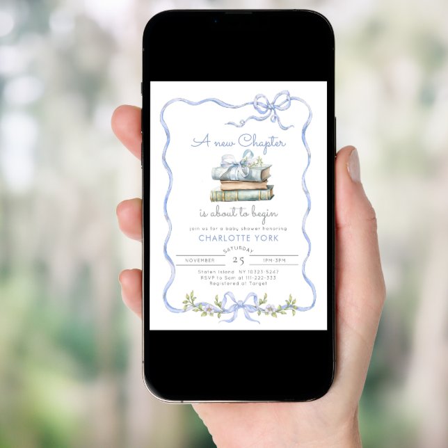 New Chapter Storybook Blue Bow Baby Shower Invitation (Front Digital)