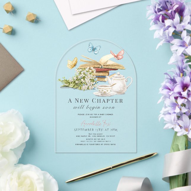 New Chapter Tea Set Butterflies Book Baby Shower Acrylic Invitations (Insitu (Wedding))