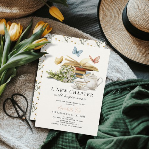 New Chapter Tea Set Butterflies Book Bridal Shower Invitation