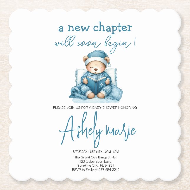New Chapter Teddy blue boy baby shower Bear Paper Coaster (Front)