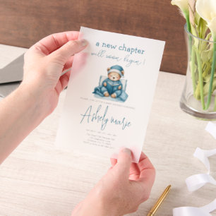 New Chapter Teddy blue boy baby shower Bear Vellum Invitations