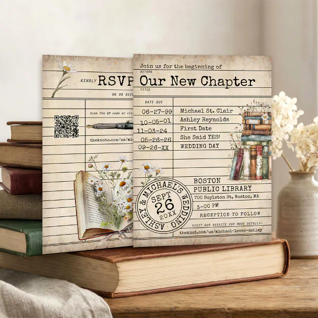 New Chapter Vintage Library Books Floral Wedding Invitation | Zazzle