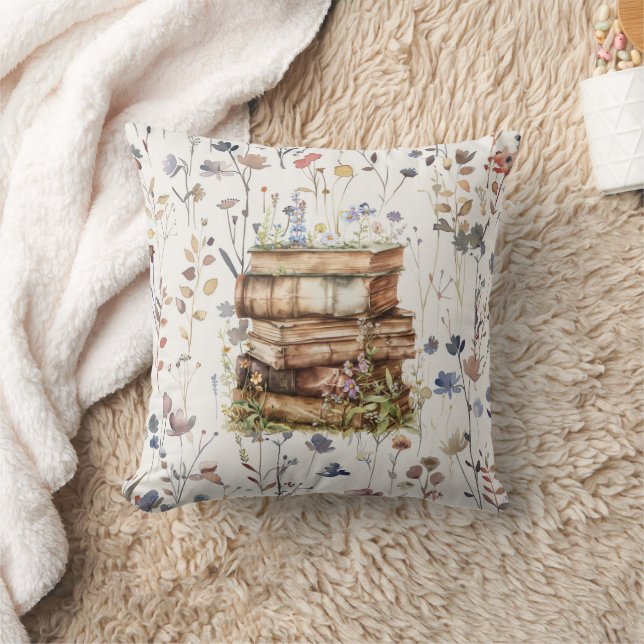 New Chapter watercolor, Stack of books wildflowers Throw Pillow (Blanket)
