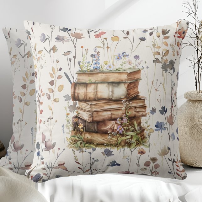 New Chapter watercolor, Stack of books wildflowers Throw Pillow (Creator Uploaded)