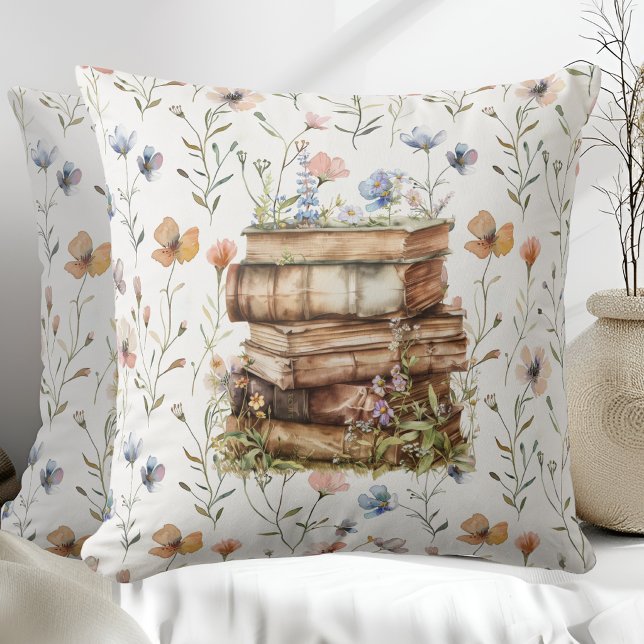 New Chapter watercolor, Stack of books wildflowers Throw Pillow (Creator Uploaded)