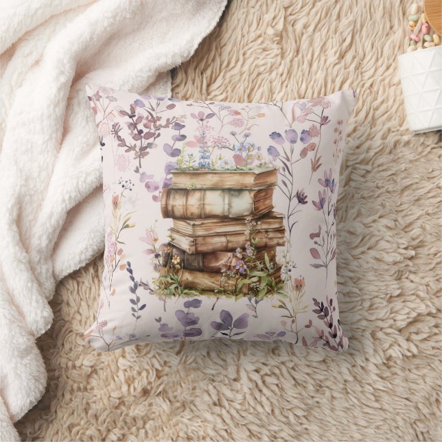 New Chapter watercolor, Stack of books wildflowers Throw Pillow (Blanket)