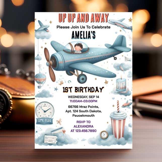 New Cloud 9 Fly Cute Sky Joy Airplane 1st Birthday Invitation (Creator Uploaded)