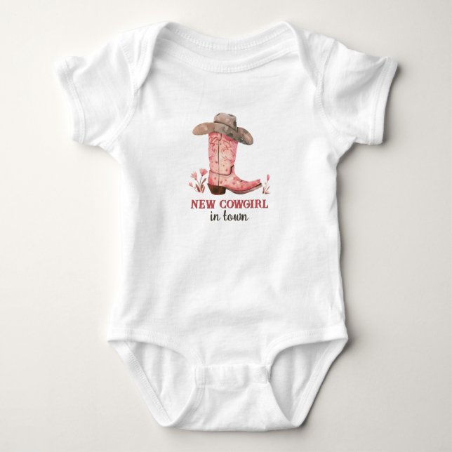 New Cowgirl in Town Pink Boots Cute Western Baby Bodysuit (Front)