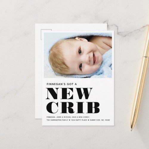 NEW CRIB Simple Baby Photo Modern Minimal Moving Announcement Postcard