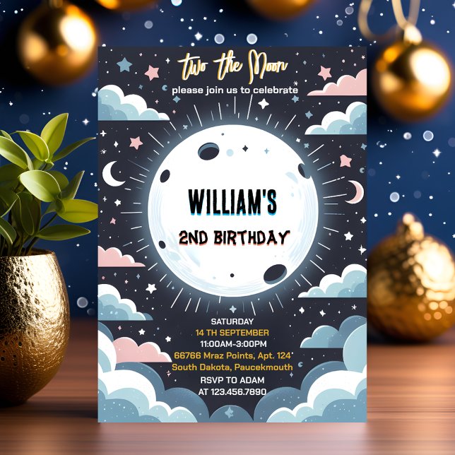 New Cute Space night sky Two The Moon 2nd Birthday Invitation (Creator Uploaded)