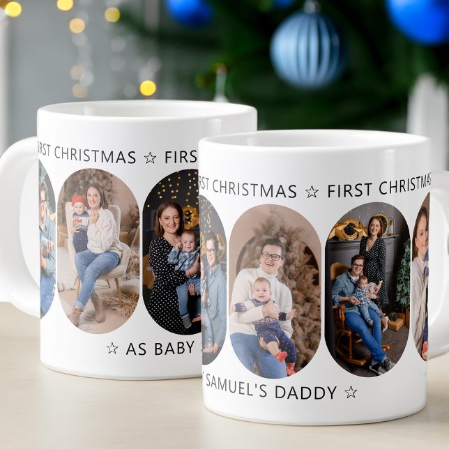 New Dad First Christmas 6 Photo Rounded Lozenge Giant Coffee Mug (Believe in Magic first christmas with new baby 5 photo mug  Rounded Lozenge Photo Collage collection)