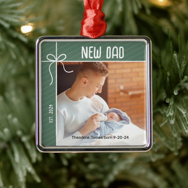 New Dad First Christmas Photo Metal Ornament (Tree)