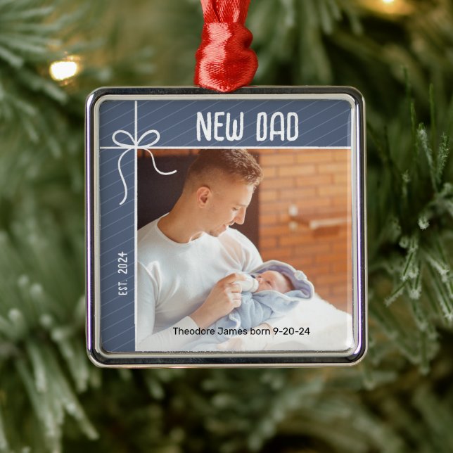 New Dad First Christmas Photo Metal Ornament (Tree)
