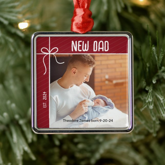 New Dad First Christmas Photo Metal Ornament (Tree)