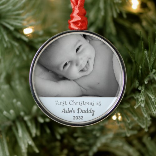 New Daddy Son 1st Christmas Baby Boy Name Photo Metal Ornament