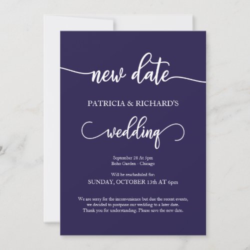 New Date Postponed Wedding Announcement Navy Blue