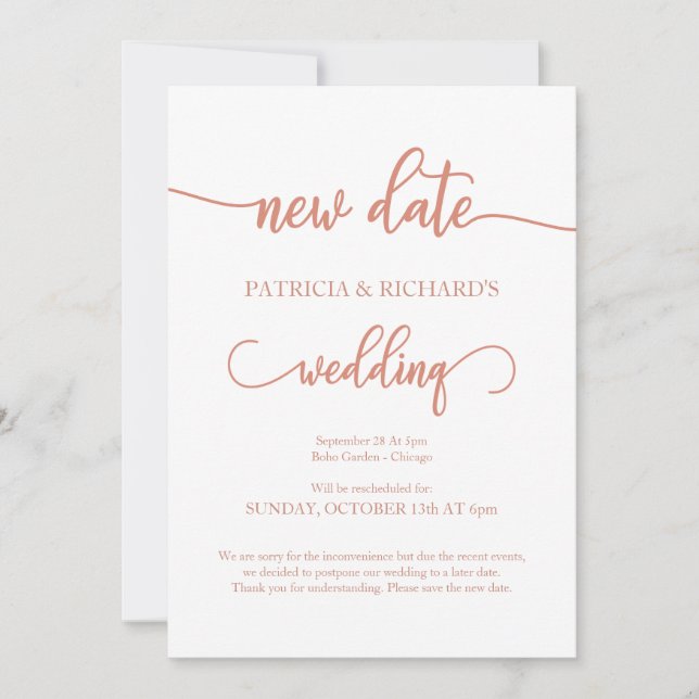 New Date Postponed Wedding Announcement Rose Gold (Front)