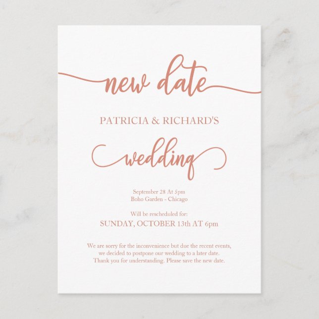 New Date Postponed Wedding Announcement Rose Gold Postcard (Front)