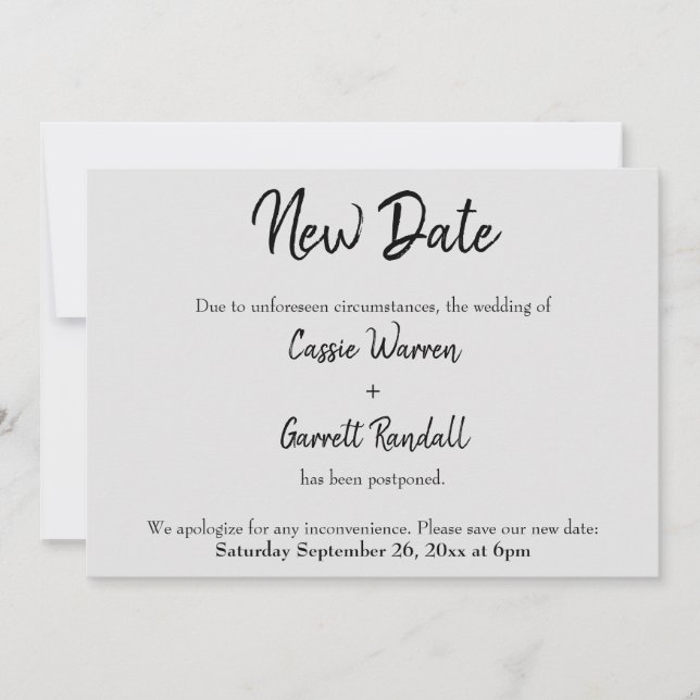 "New Date" Postponed Wedding Black on Gray Card (Front)