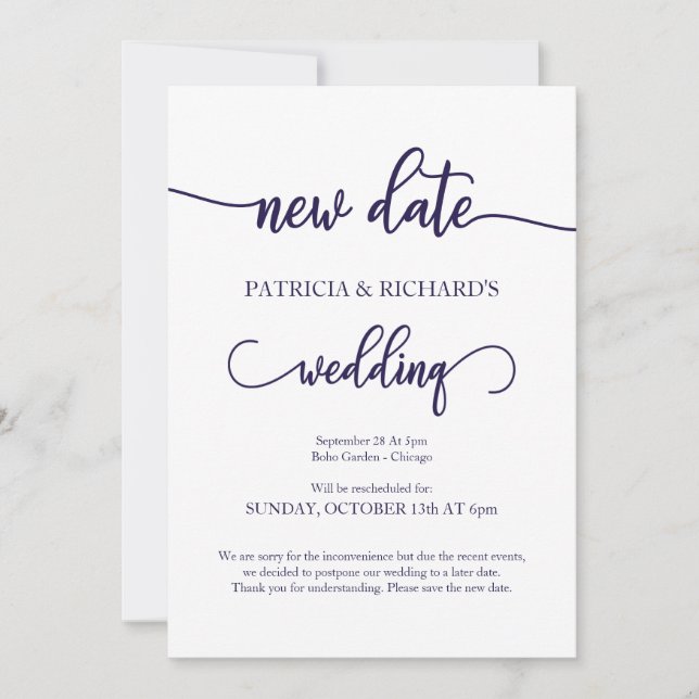 New Date Postponed Wedding Navy Blue Script Invitation (Front)