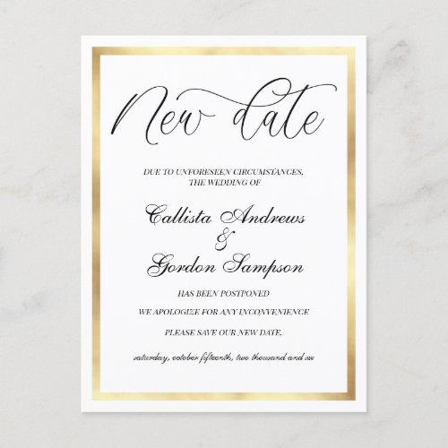 New Date White Gold Border Postponed Wedding Announcement Postcard