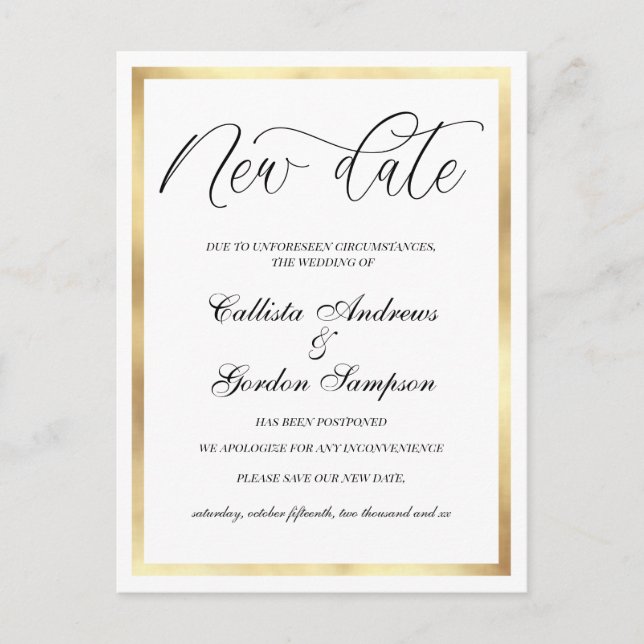 New Date White Gold Border Postponed Wedding Announcement Postcard (Front)