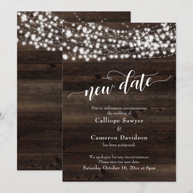 New Date Wood & Lights Postponed Wedding Card (Front/Back)