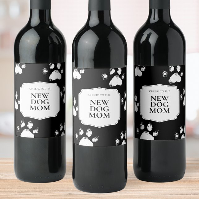 New Dog Mom Gift Modern Black White Paws Wine Label (New Dog Mom Gift Modern Black White Paws Wine Label)