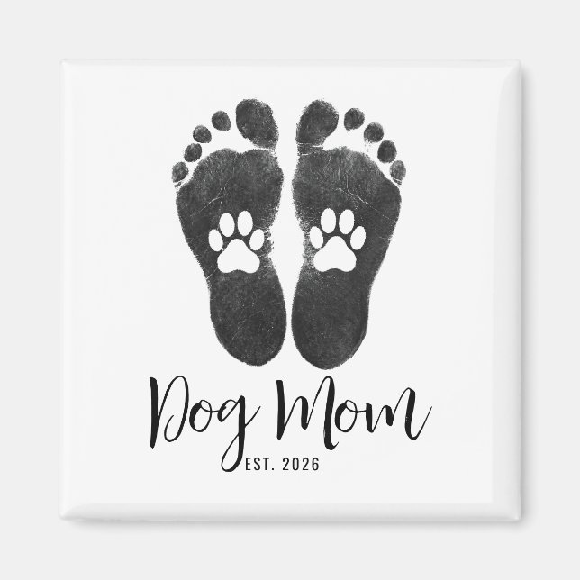 New Dog Mom Paw Prints Script Est Date Magnet (Front)