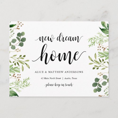 New Dream Home Address Announcement Greenery Postcard