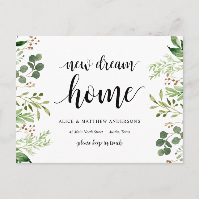 New Dream Home Address Announcement, Greenery Postcard (Front)
