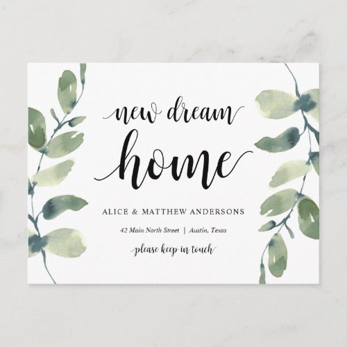 New Dream Home Address Announcement Greenery Postcard